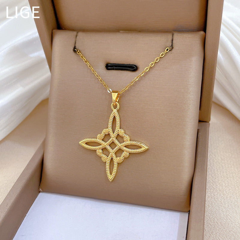 Minimalist Sweet Geometric Rhinestone Inlaid Titanium Steel Necklace with Brass Pendant