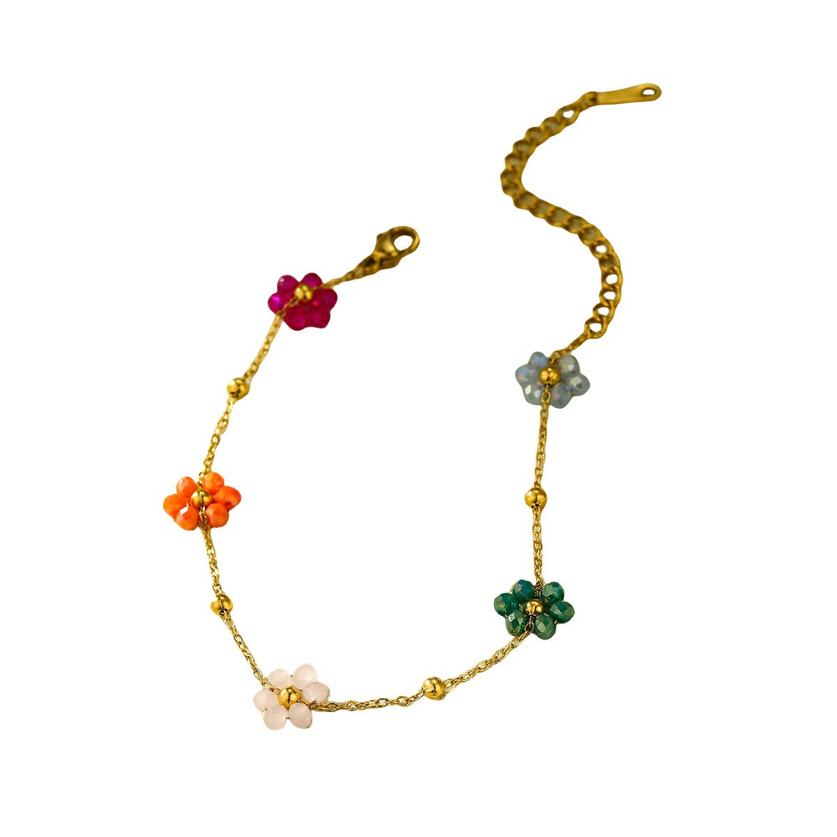 Collana in acciaio inossidabile da donna con design floreale naturale e perle di cristallo colorate, gioielli estivi semplici e alla moda
