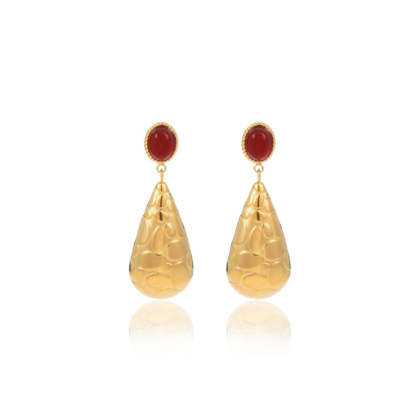 Fashionable Water-Drop-Shaped Stainless Steel Stud Earrings with Natural Stone Inlay and Plated Finish for Women