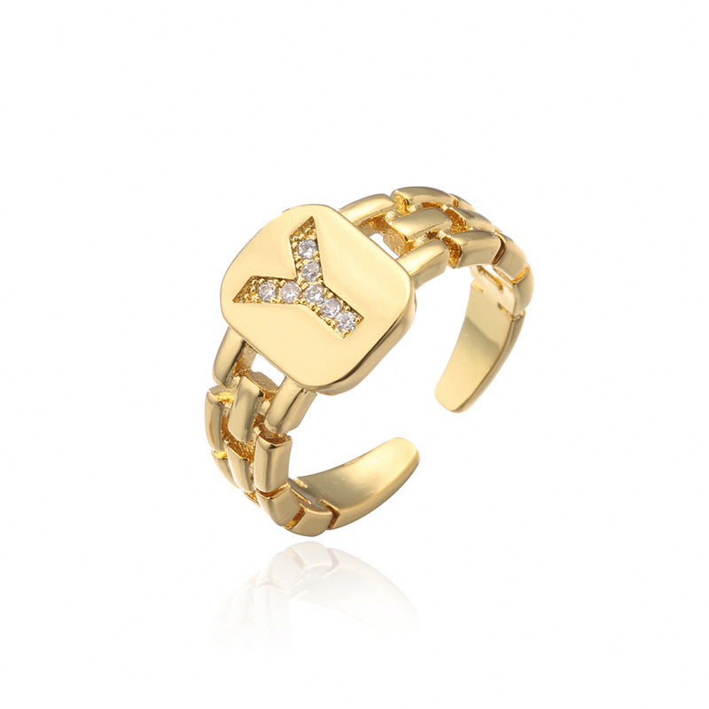Minimalist Letter Shape Copper Ring with Micro-Pavé Setting Adjustable Geometric Band