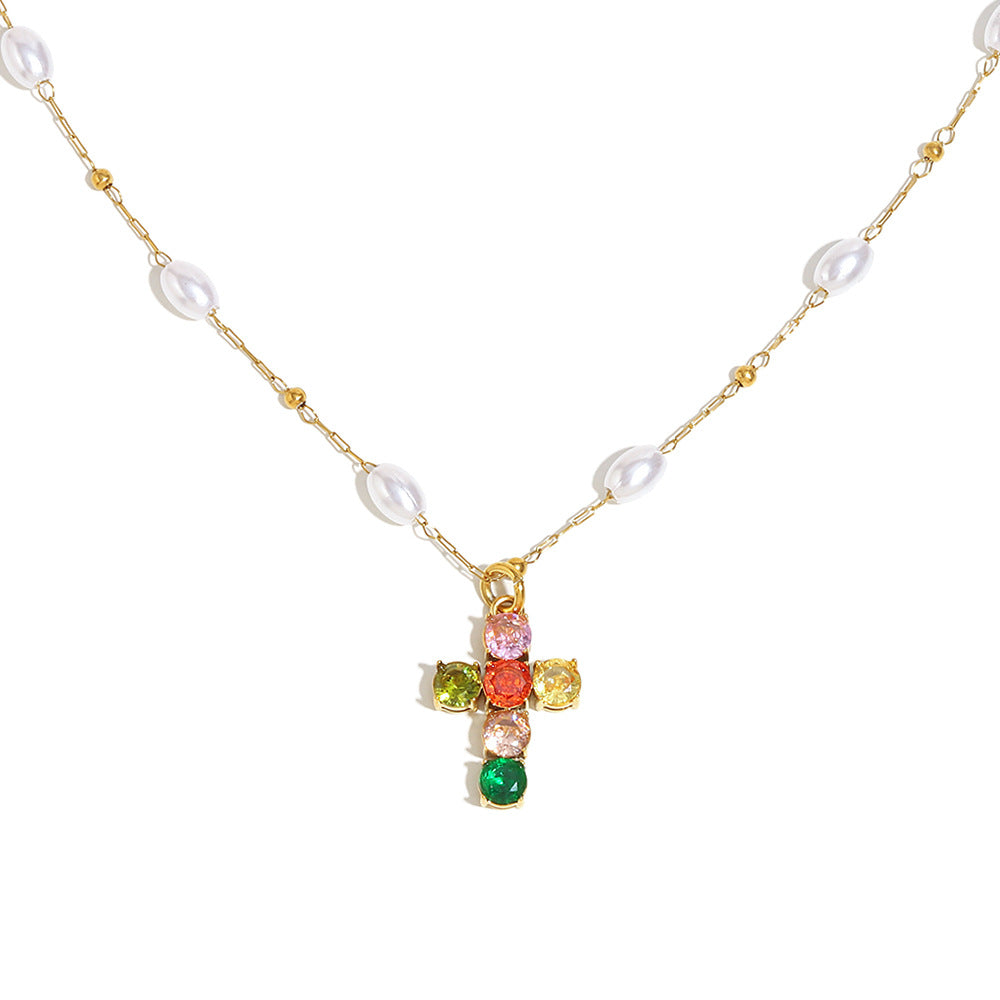 Elegant Minimalist Cross Pendant Necklace for Women Stainless Steel with 18K Gold Plating and Colorful Zircon Accents
