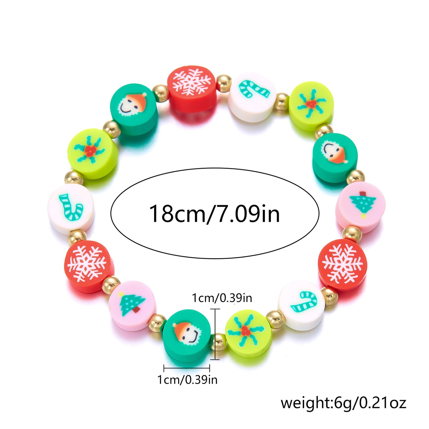 Pulsera navideña hecha a mano de arcilla polimérica para mujer con dijes de copo de nieve y Papá Noel. Joyería festiva para las fiestas.