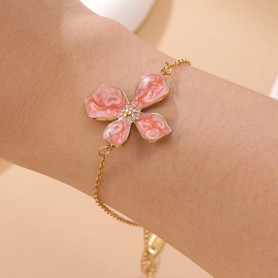 Sweet Drip Oil Floral Stainless Steel Necklace and Bracelet Set for Women