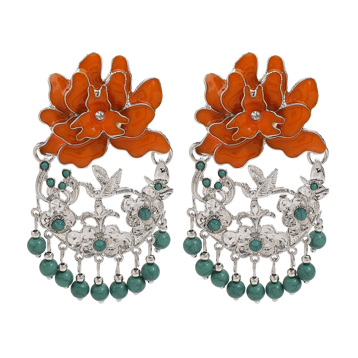 Aretes colgantes llamativos de resina floral bohemia con detalles de diamantes de imitación y postes de acero inoxidable