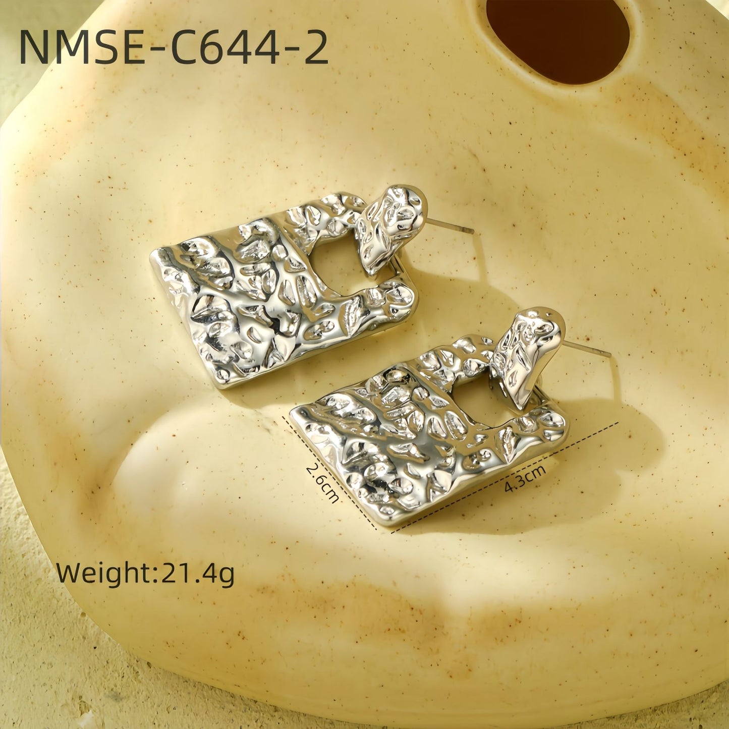 Vintage 18K Gold Plated Textured Square Stainless Steel Stud Earrings for Women