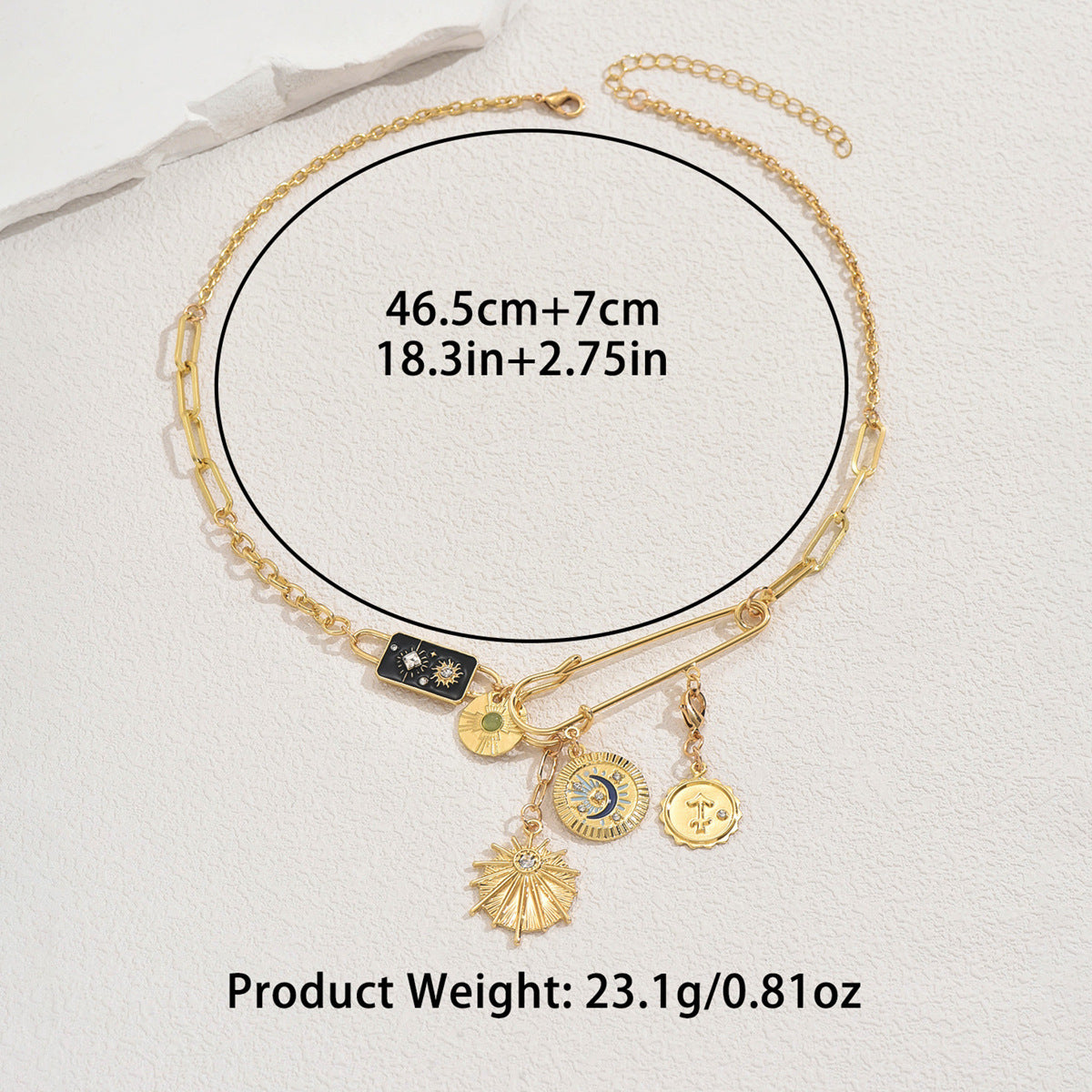 Collana con ciondolo a moneta geometrica Sole Luna da donna in lega di zinco con finitura smaltata, catena lunga alla clavicola, accessorio di moda