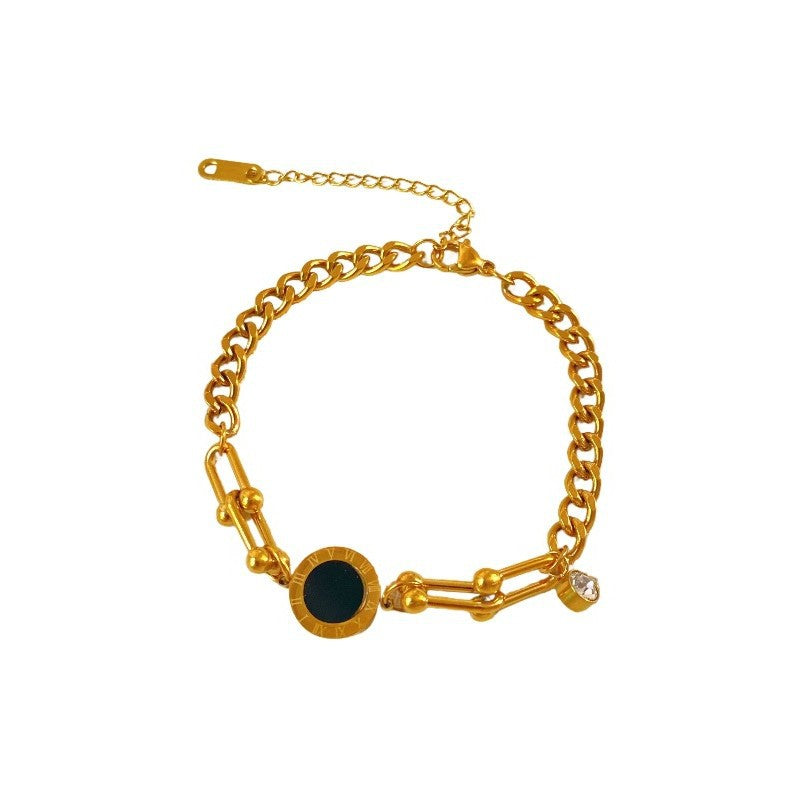 Original Design Gold Plated Titanium Steel Micro-inlaid Shell Black and White Double-sided Roman Number Bracelet