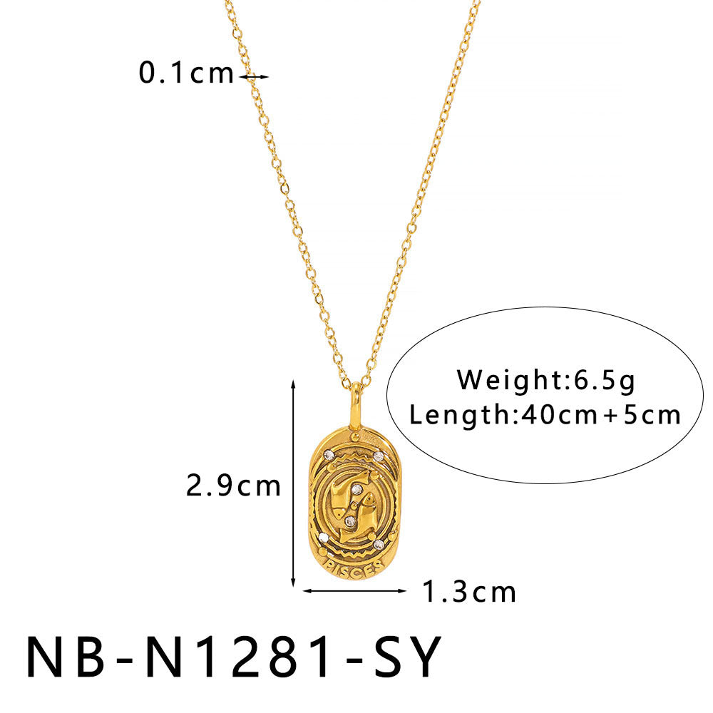 Minimalist Square Zodiac Pendant Necklace in Stainless Steel with Rhinestone Inlay and 18K Vacuum Plating for Women