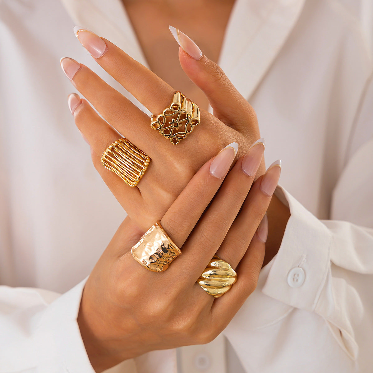 Stackable Geometric Zinc Alloy Plated Open Ring Set for Women