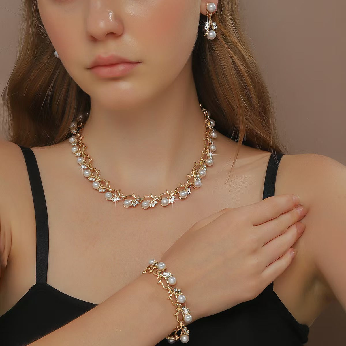 Chanel-Inspired Floral Pearl Necklace Set for Women with Rhinestone Inlay, Wavy Chain, and Matching Earrings and Bracelet