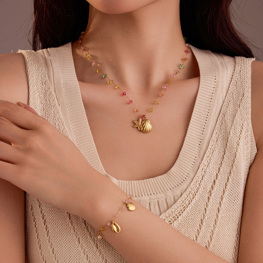 Minimalist Shell and Starfish Pendant Necklace Set for Women Stainless Steel with 18K Gold Plating and Colorful Rhinestone Inlay