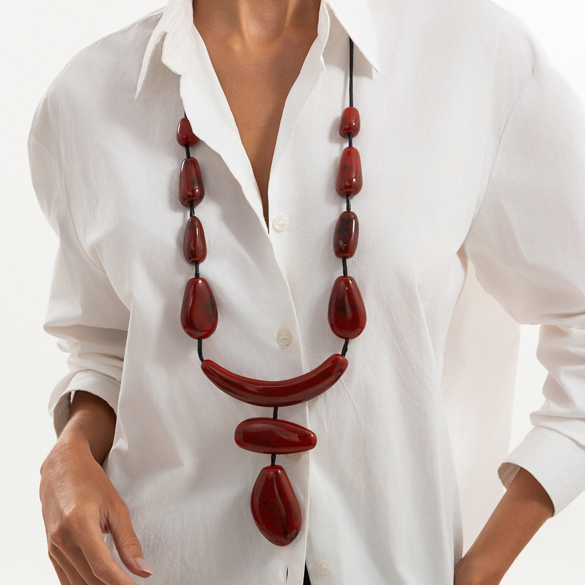 Exaggerated Geometric Oval Resin Pendant Long Necklace with Adjustable Wax Cord for Women