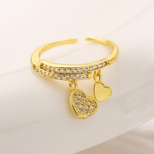 Geometric Heart-Shaped Copper Ring with Micro-Pave Zirconia for Women, Fashionable and Unique Statement Band