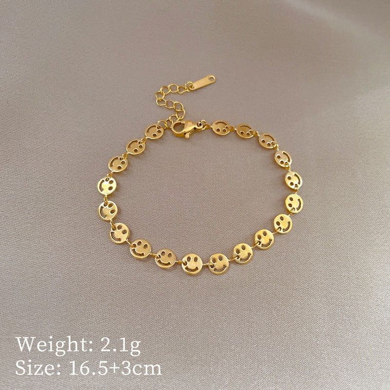 Vintage Women's Titanium Steel Rope Chain with Round Beads and Roman Numerals Gold Plated Wave Texture Four-Season Bean Hand Chain