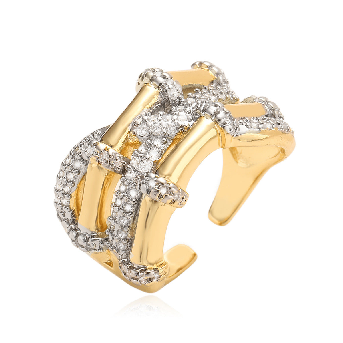 Minimalist Two-Tone Plated Geometric Open Ring with Cubic Zirconia for Women