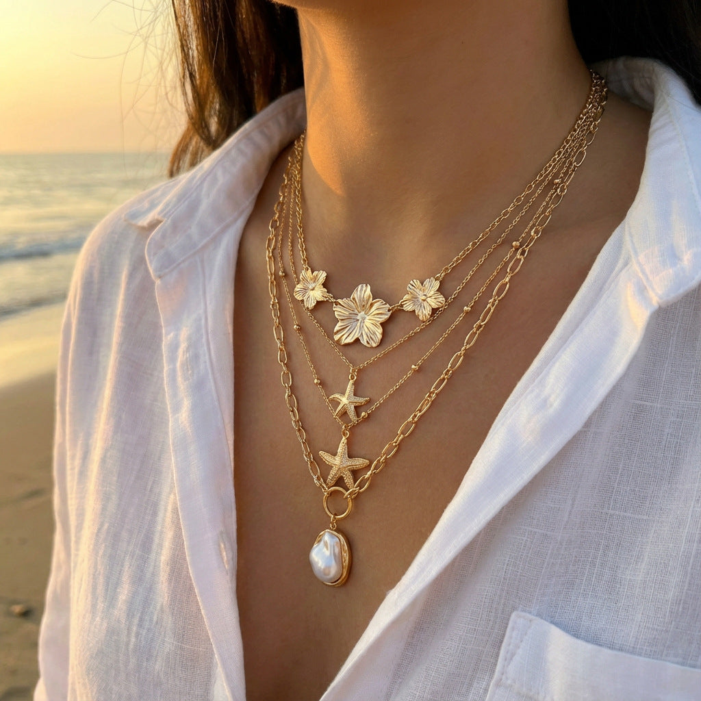 Casual Alloy Plated Plant and Pearl Necklace Set for Women
