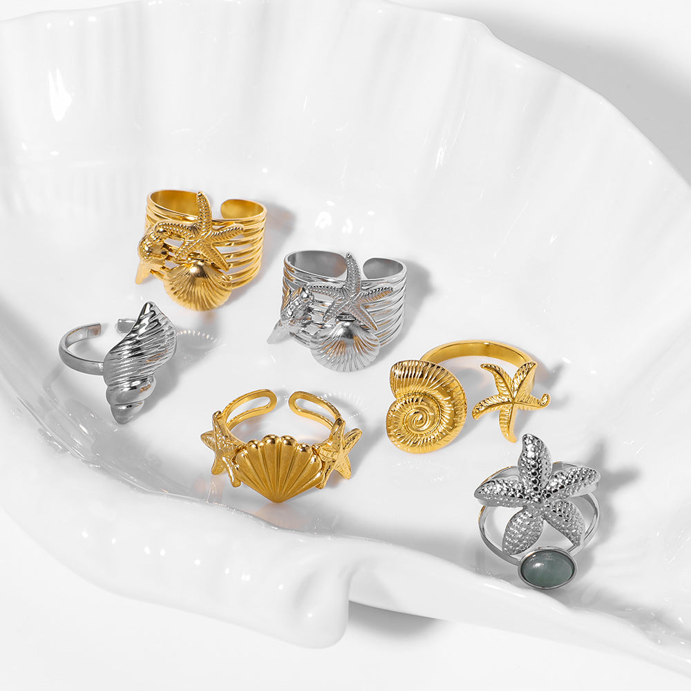 INS Style Geometric Starfish and Seashell Open Ring for Women Stainless Steel with 18K Vacuum Plating