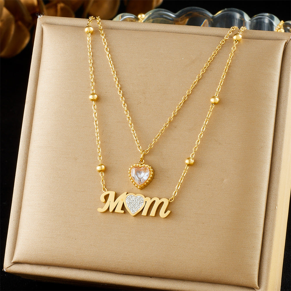 Minimalist Elegant Heart Letter MOM Rhinestone Inlay Stainless Steel Necklace Cable Chain Layered