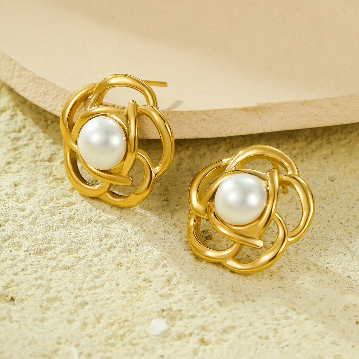 Vintage Style Hollow Flower-Shaped Stainless Steel Earrings with Freshwater Pearl Inlay and 18K Gold Plating