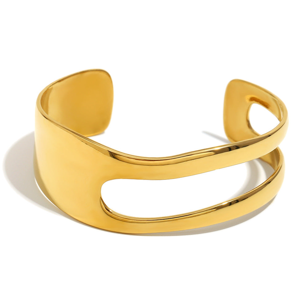 Minimalist Asymmetrical Double-Layer Stainless Steel Bracelet with 18K Gold Plating for Women