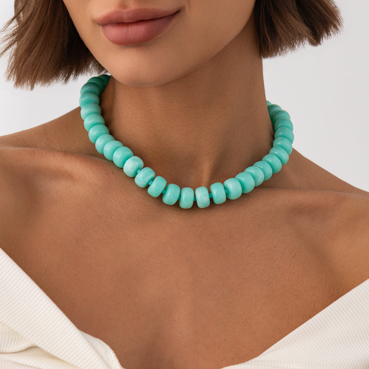 Sweet Geometric Gradient Resin Beaded Necklace Stainless Steel Chain Women's Jewelry