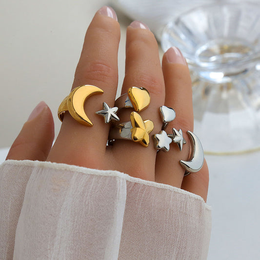 Anillo abierto ajustable minimalista geométrico con forma de estrella y luna con acabado chapado en acero inoxidable 304 unisex