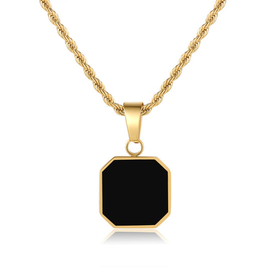 Hip-hop Black Square Drip Oil Stainless Steel Pendant Necklace with Curb Chain for Unisex
