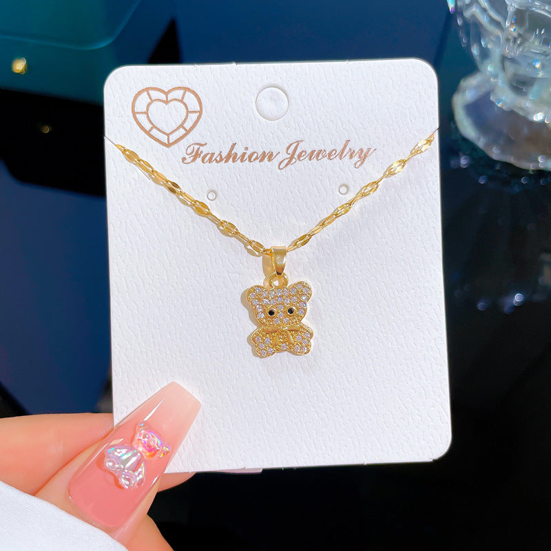 Collana con ciondolo orsetto minimalista in acciaio al titanio con intarsio di zirconi per donna e uomo