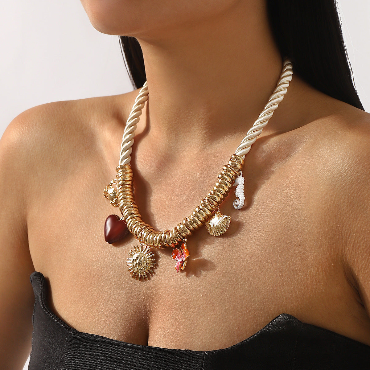 Collar con dije de cangrejo, corazón, flores, conchas marinas y caballito de mar, estilo vacaciones tropicales, de aleación con esmalte, para mujer
