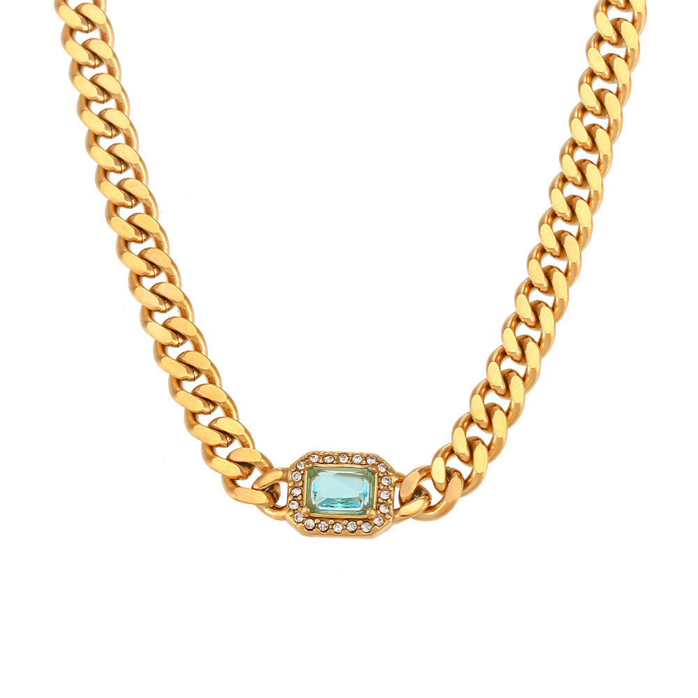 Collar cubano de mujer, moderno, geométrico, de acero inoxidable con detalles de diamantes de imitación, acabado chapado.
