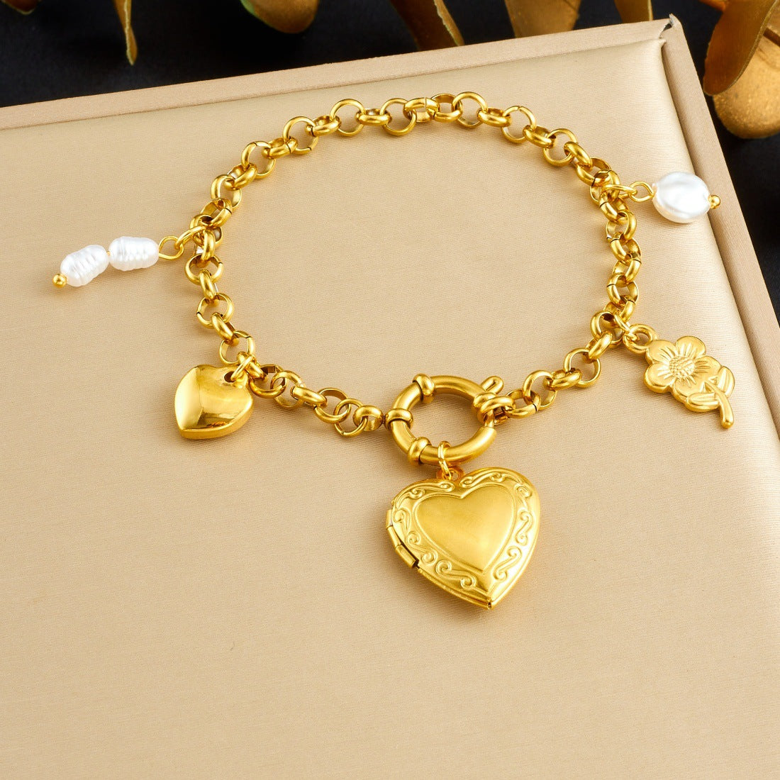 Gold Plated Heart and Round Floral Pearl Bracelet for Women
