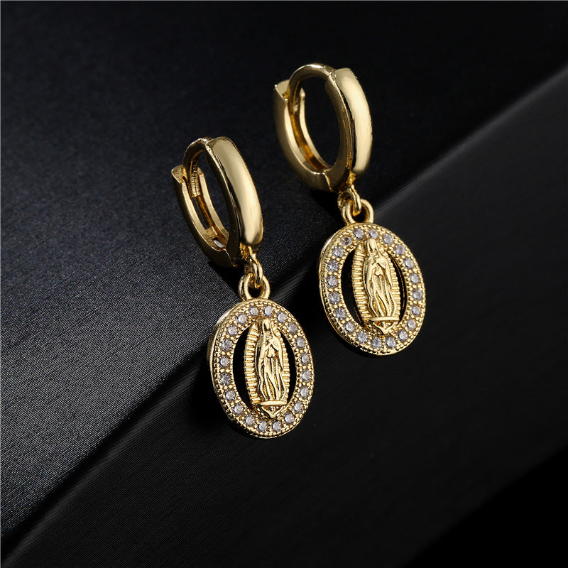 Orecchini con Madonna Geometrica per Donna in Rame con Intarsio di Zirconi