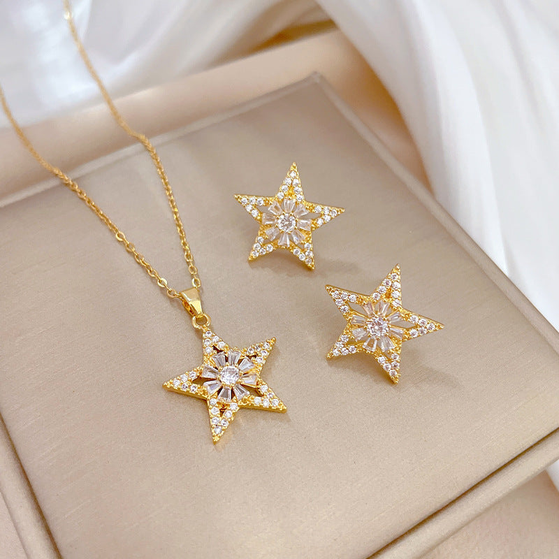 Parure di Orecchini e Collana in Rame Placcato con Zirconi Geometrici di Lusso