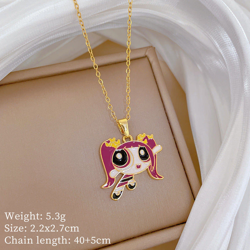 Sweet Cartoon Moon Geometric Rhinestone Pendant Titanium Steel Necklace for Unisex