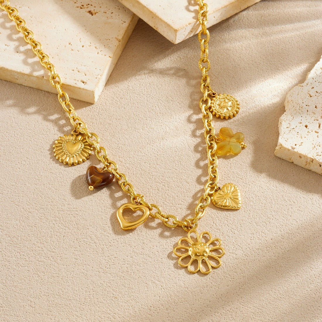 Vintage Gold Plated Hollow Sunflower Heart Compass Pendant Stainless Steel Necklace for Women