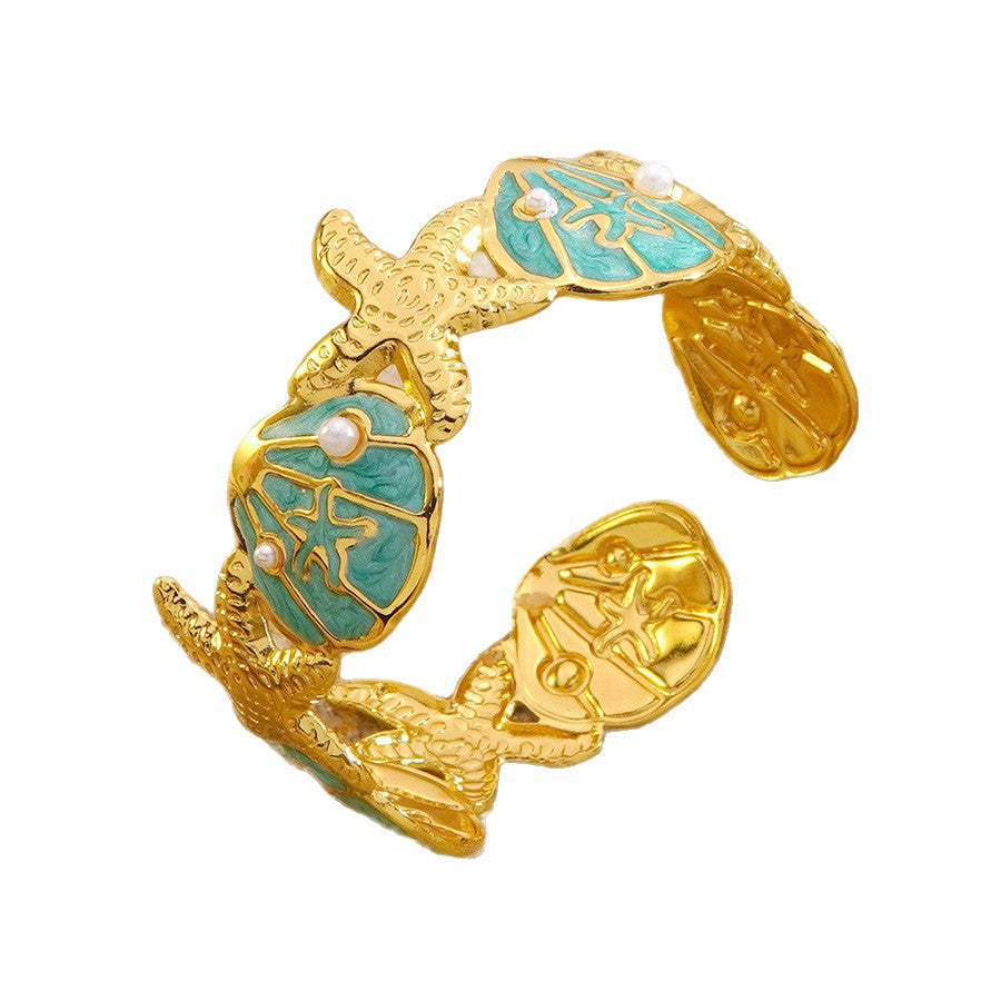 Bracciale rigido aperto a C in acciaio inossidabile con perle, conchiglie, stelle marine e gocce d'olio, stile minimalista