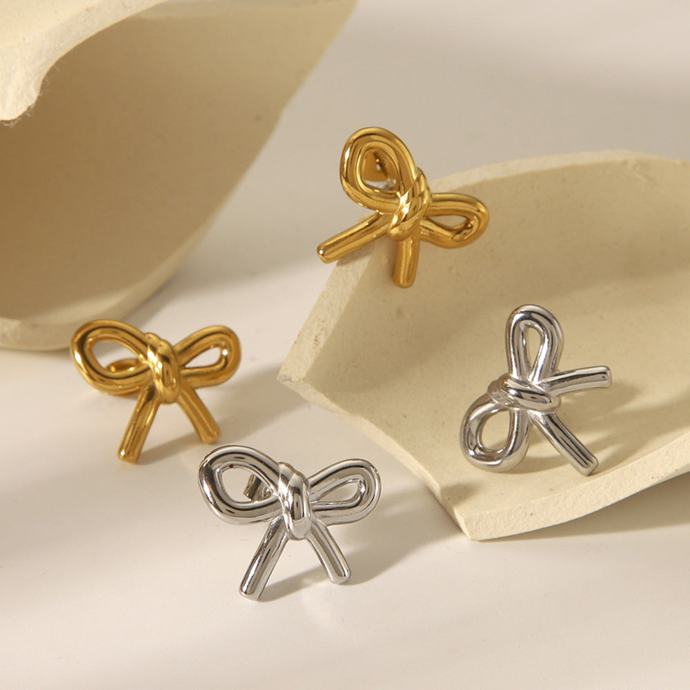 Fashionable 18K Gold Plated Stainless Steel Bow Knot Stud Earrings for Women
