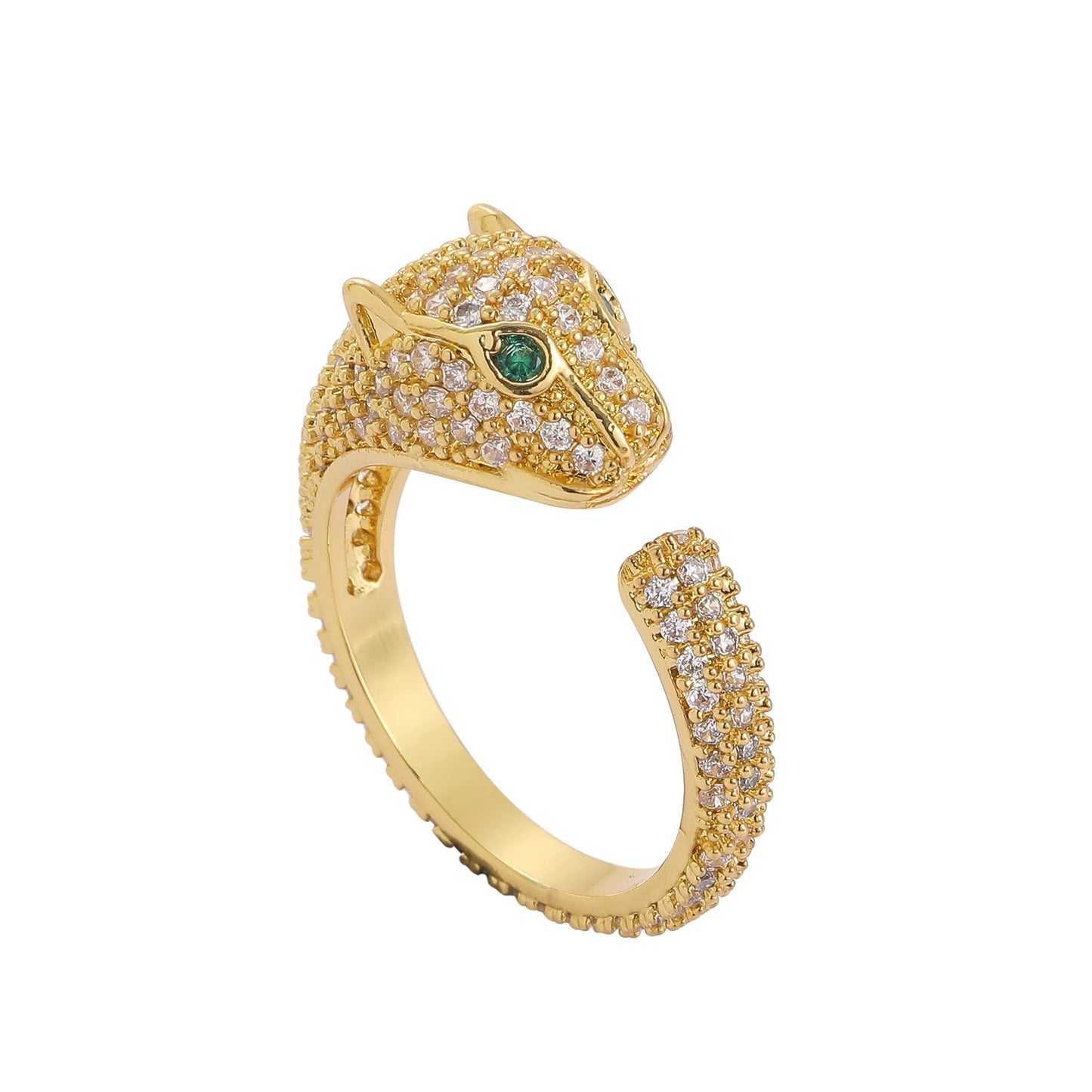 Anello Aperto a Testa di Leopardo da Donna con Intarsio Completo di Strass con Finitura Placcata in Rame Design Animale Minimalista Anello Statement