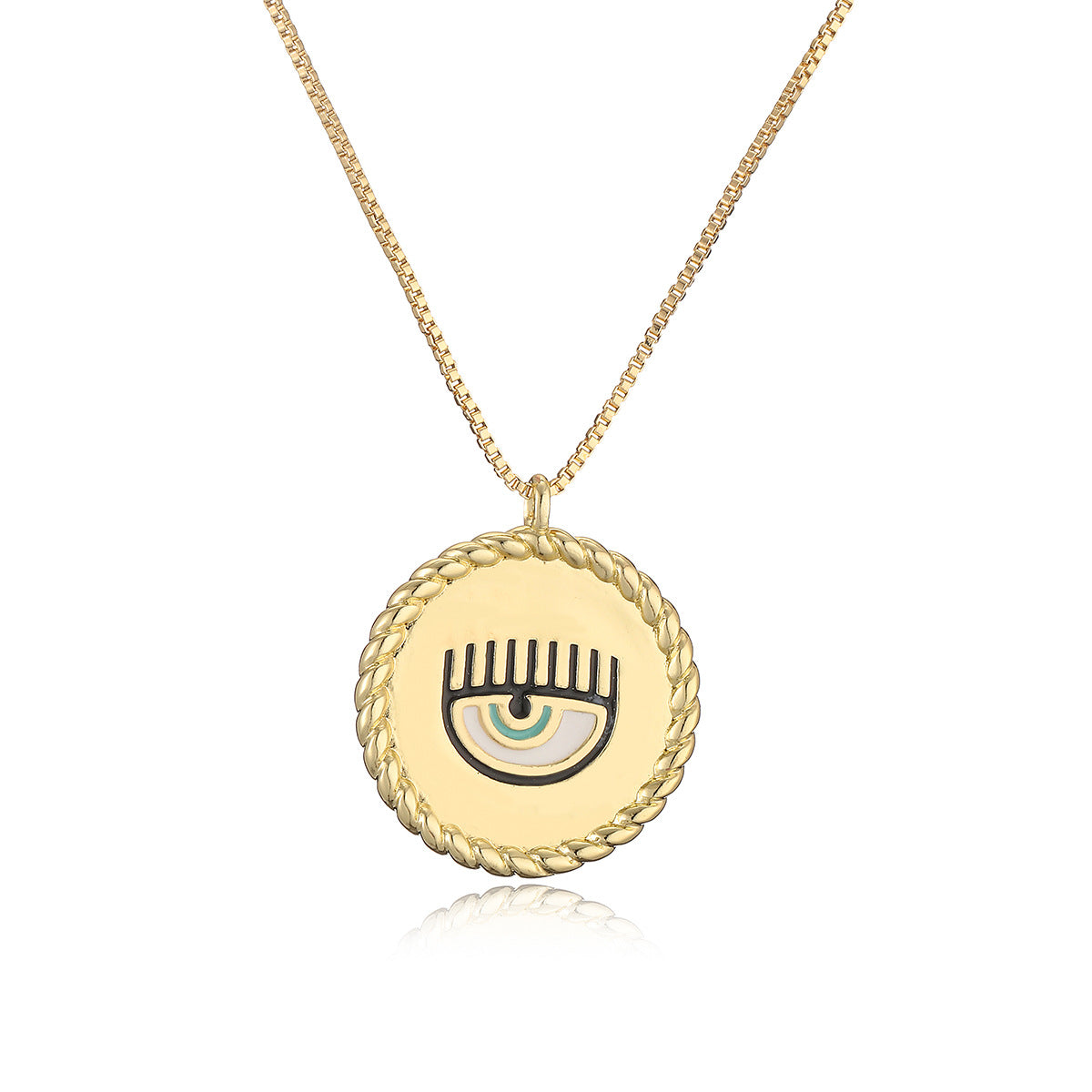 Vintage 18K Gold Plated Brass Drip Oil Geometric Evil Eye Pendant Necklace for Women