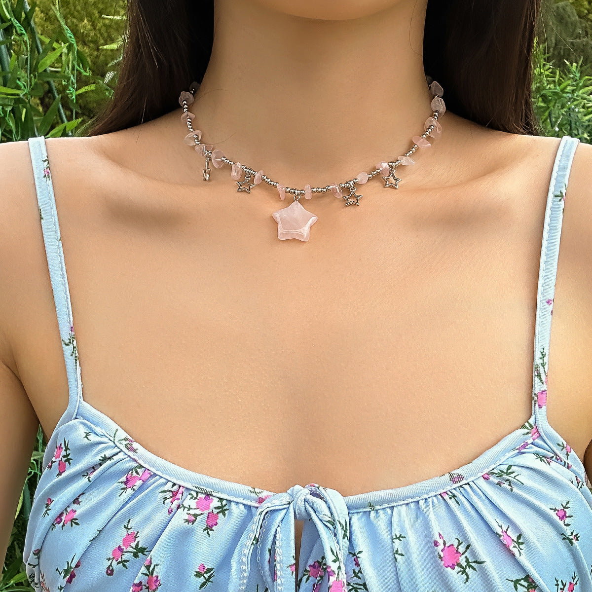 Collar rústico con colgante en forma de estrella para mujer con cadena de aleación de zinc y cuentas de vidrio, acabado galvanizado