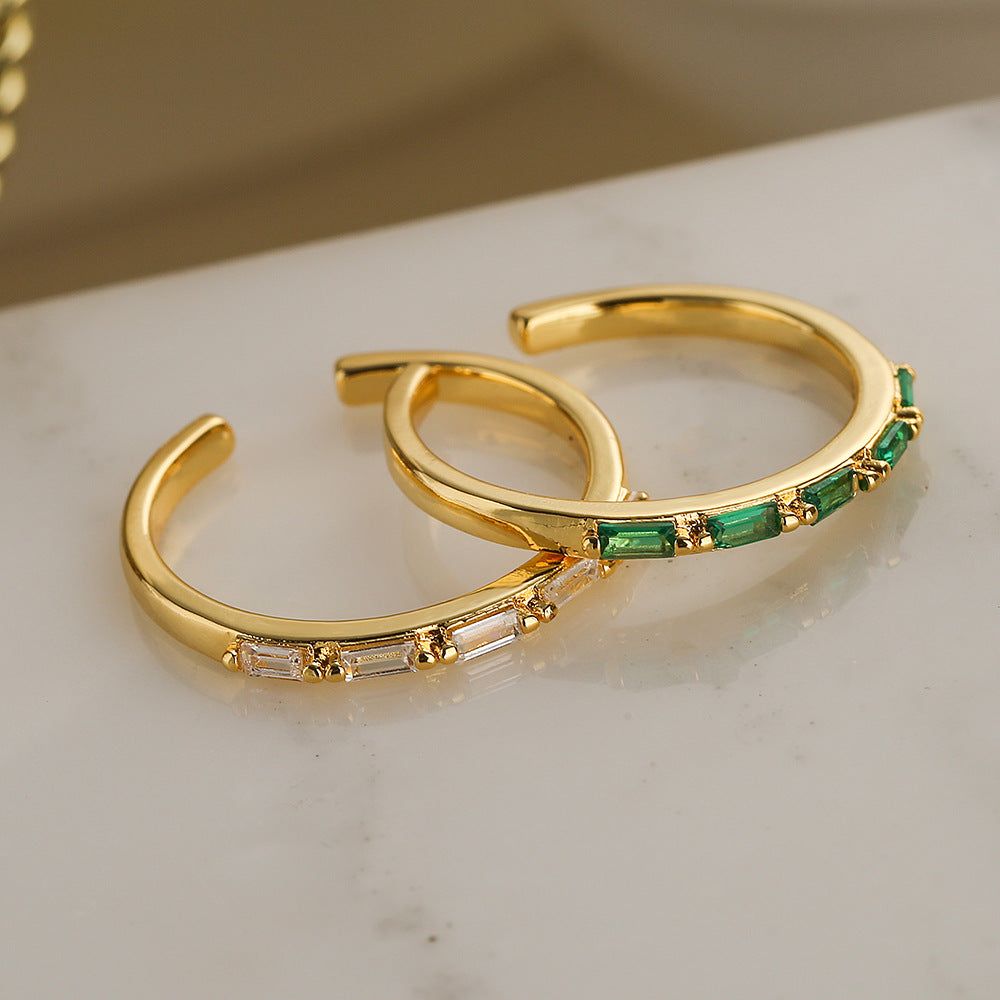 Anello Aperto Geometrico Minimalista da Donna in Ottone con Placcatura in Oro Vero e Intarsio di Zirconi