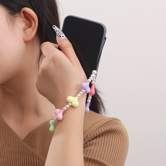 Cartoon Warm-Tone Exaggerated Geometric Heart Pearl Phone Strap with Acrylic Accents and Alloy Body
