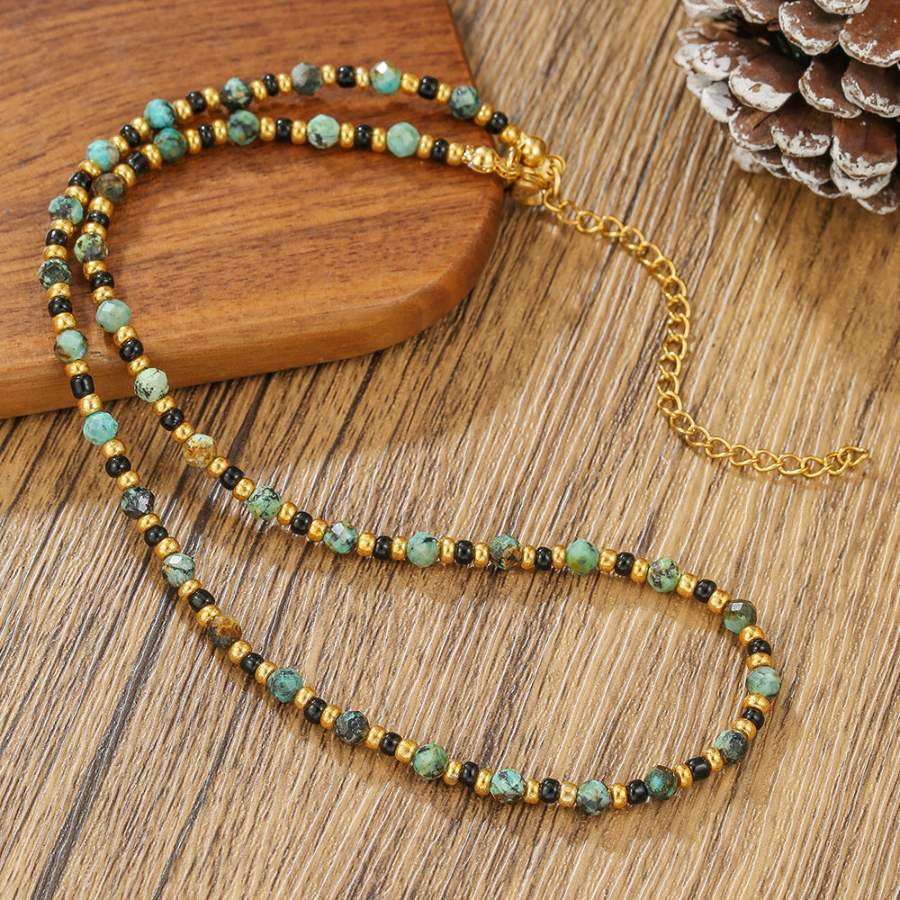 Minimalist Geometric Round Natural Crystal and African Turquoise Beaded Alloy Necklace for Women