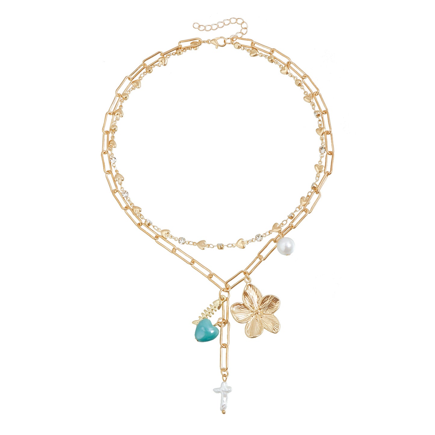 Vintage Heart Geometric Floral Alloy Plated Necklace for Women