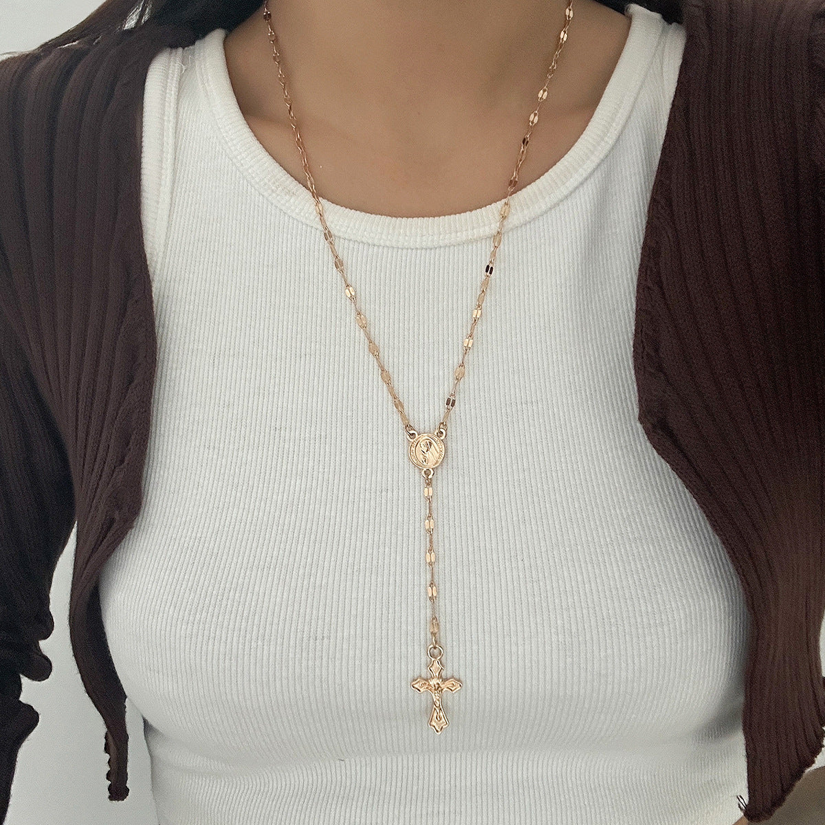 Elegant Cross Pendant Gemstone Inlay Brass Necklace for Women