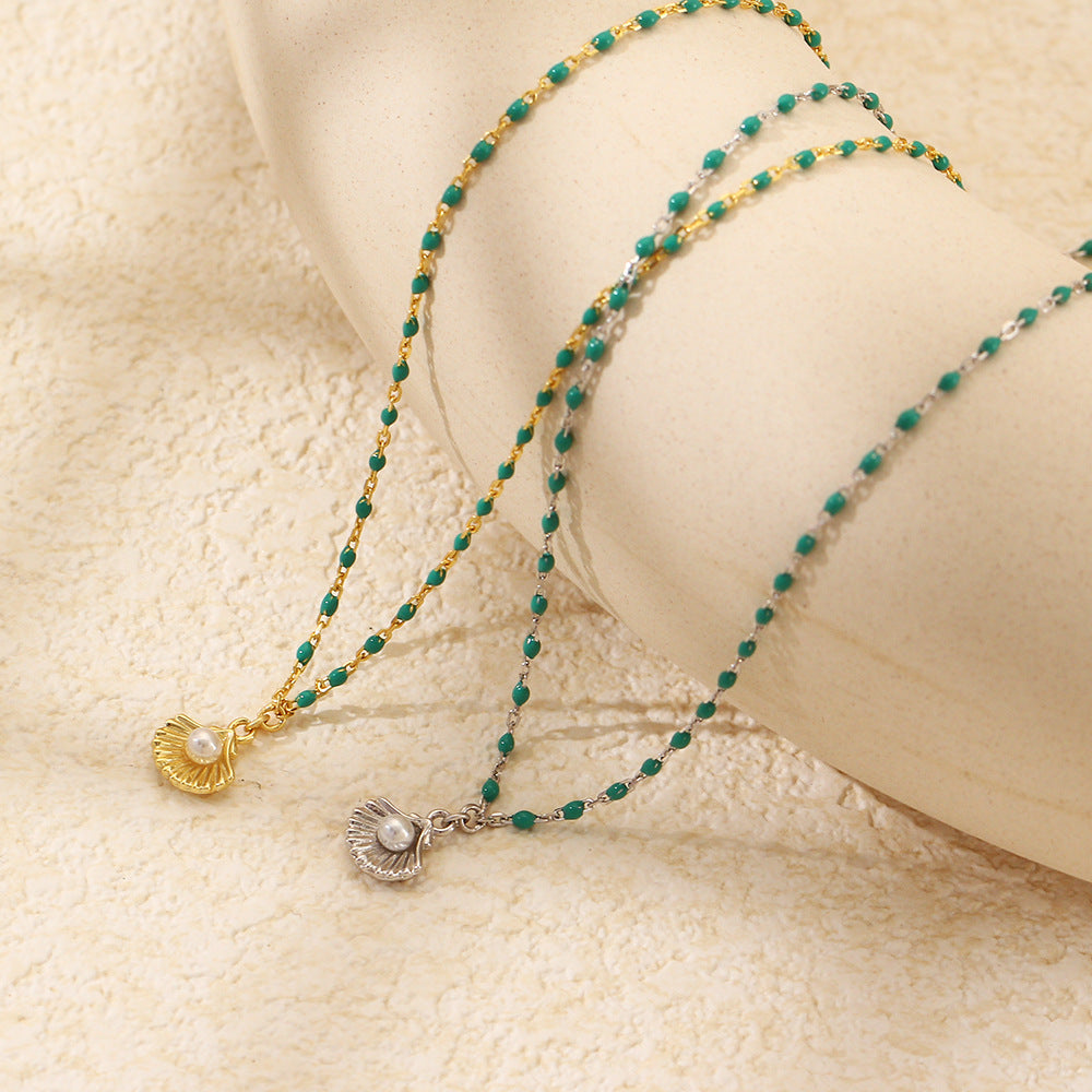 Minimalist Geometric S925 Sterling Silver Electroplated Clavicle Necklace with Resin-Coated Shell and Pearl Pendant for Women
