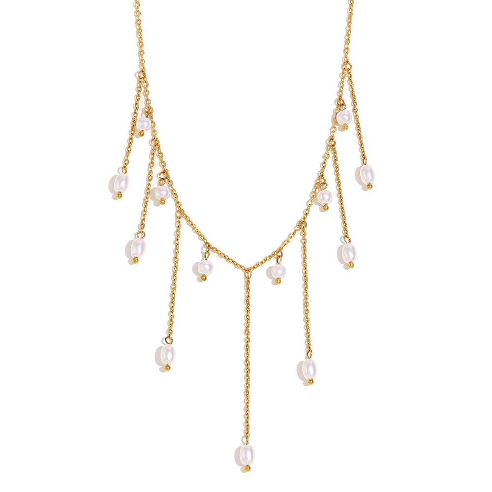 Fashionable Vintage-Inspired Geometric Pendant Necklace in Stainless Steel with 18K Gold Plating and Imitation Pearl Fringe for Women