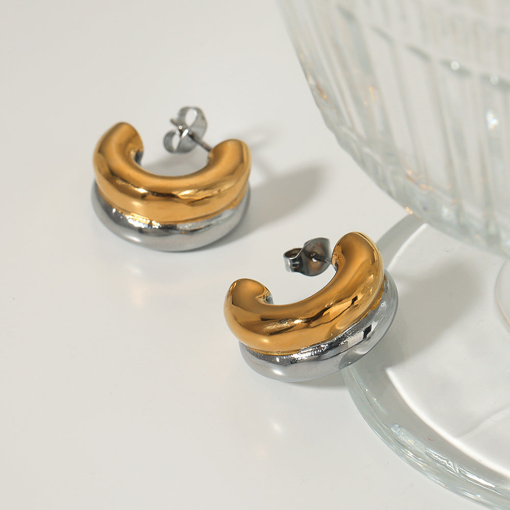 Orecchini a cerchio geometrici minimalisti a forma di C in acciaio inossidabile placcati oro e argento da donna