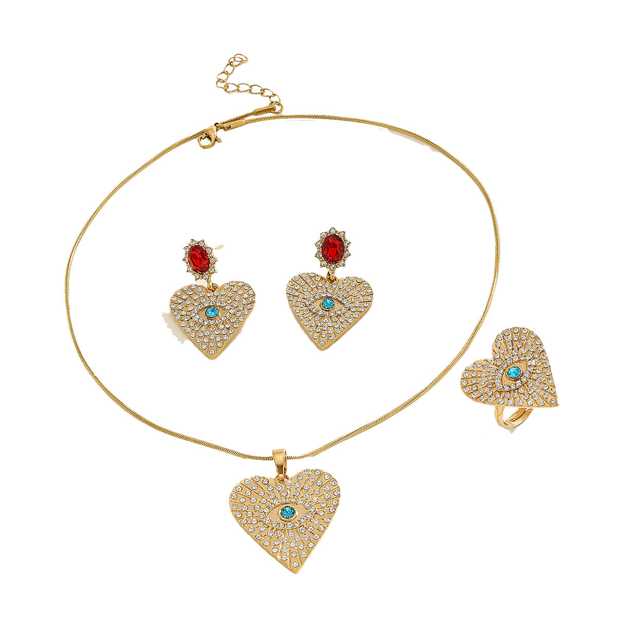Luxury Heart-Shaped Rhinestone-Set Alloy Pendant Necklace with Matching Earrings and Bracelet for Women