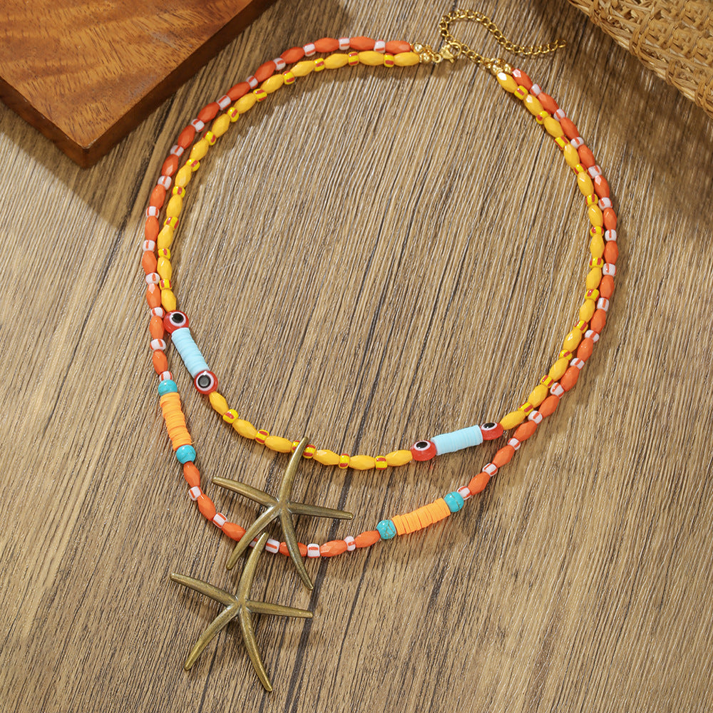 Sweet Streetwear Geometric Star Alloy Pendant Necklace with Colorful Resin and Acrylic Beads Eye Detail Double Layer Ball Chain